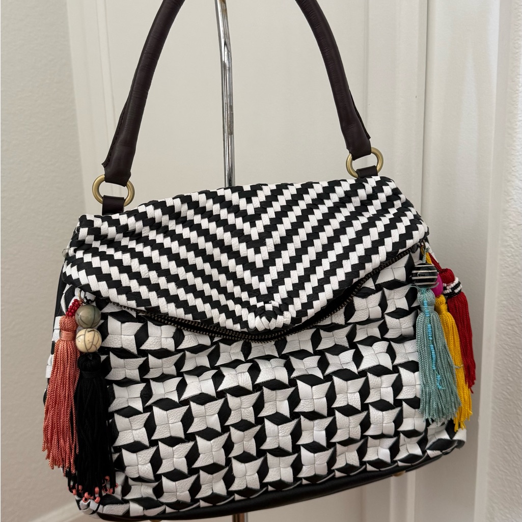 Maliparmi Black & White Woven Shoulder Bag With Colorful Tassels